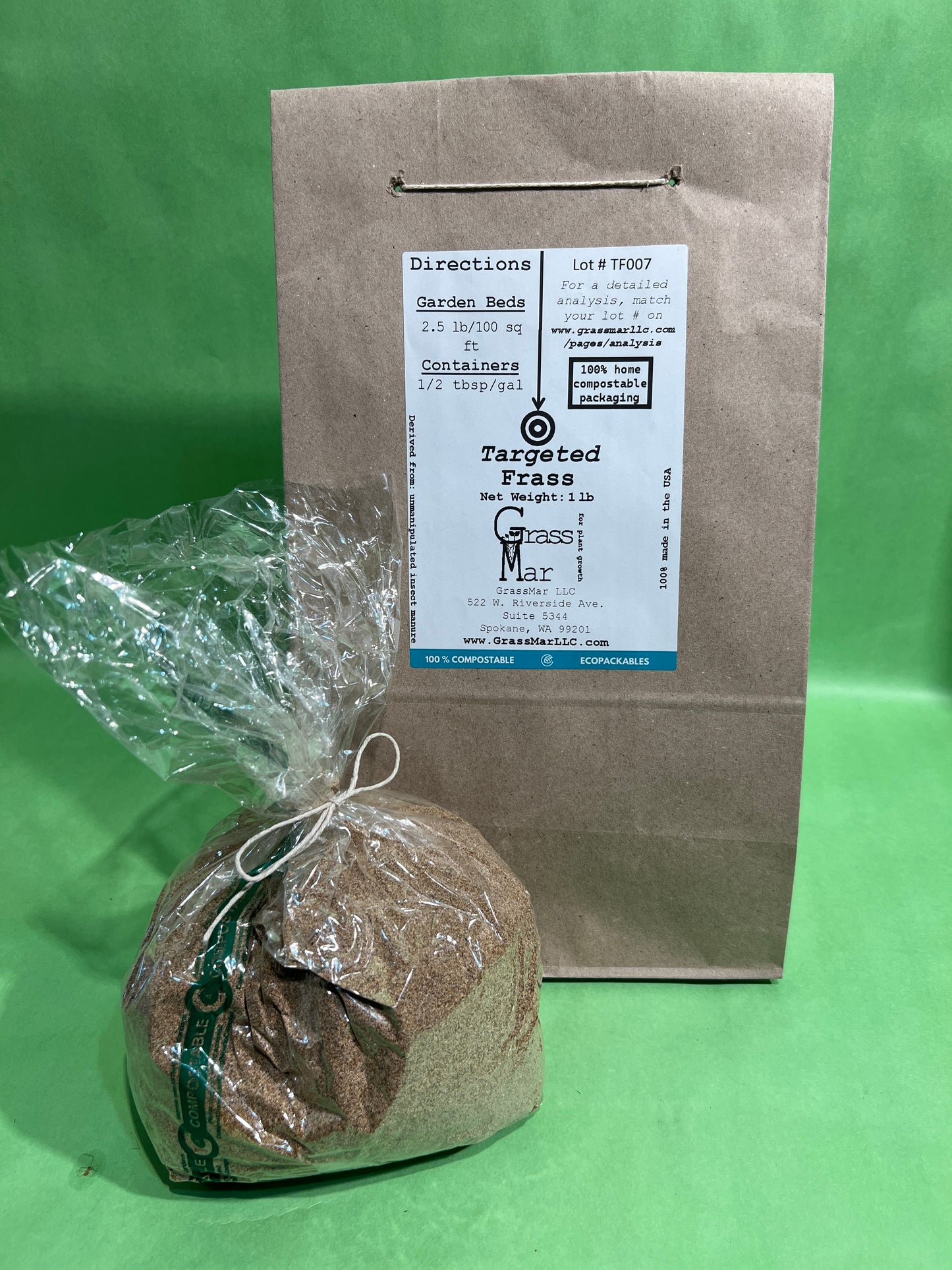 A paper and plastic bags of frass